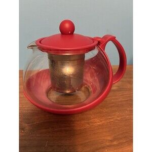 Vintage GLASS teapot Coffee Pot  Half Moon Removable STAINLESS INFUSER red